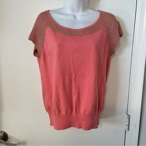 August Silk Knit top women’s small Coral woven crocheted around neck and sleeves